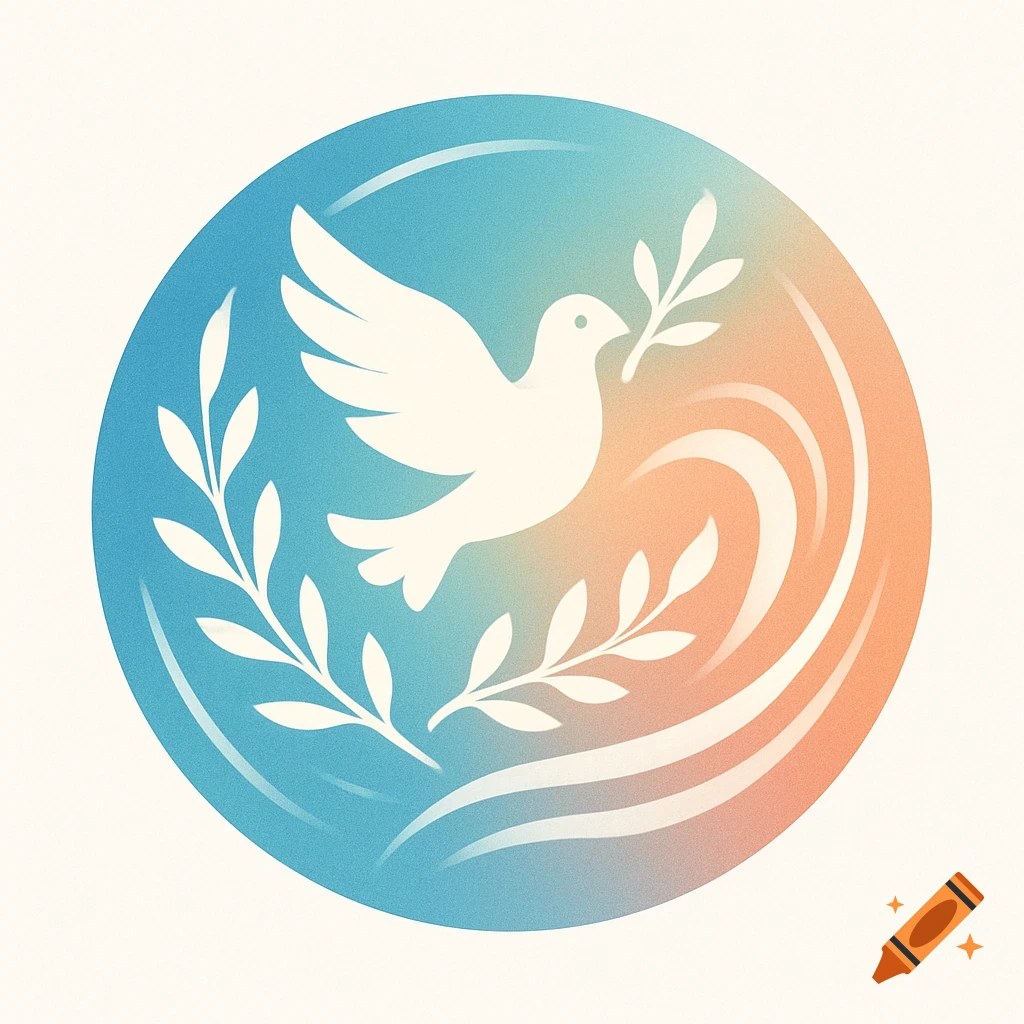 Stylized white dove holding an olive branch in a circular logo with blue and orange gradient background and wave patterns.