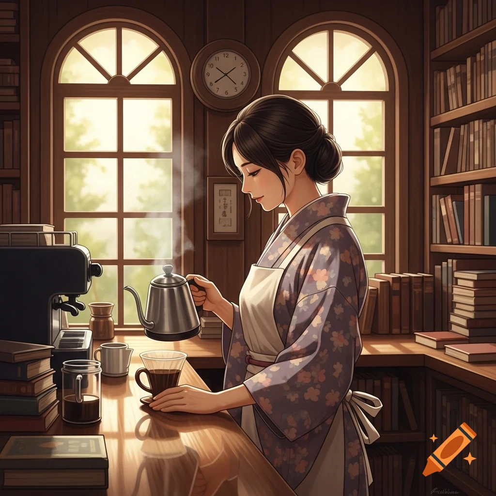 Anime-style woman in a kimono and apron pouring coffee in a cozy bookstore.