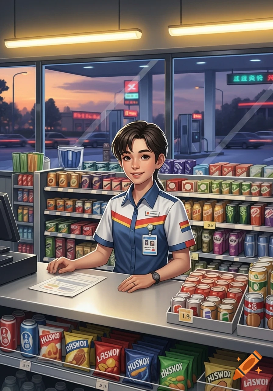 A young, smiling employee with dark hair stands behind a counter in a colorful, cartoon-style convenience store, with shelves of products and a gas station visible through the window at dusk.