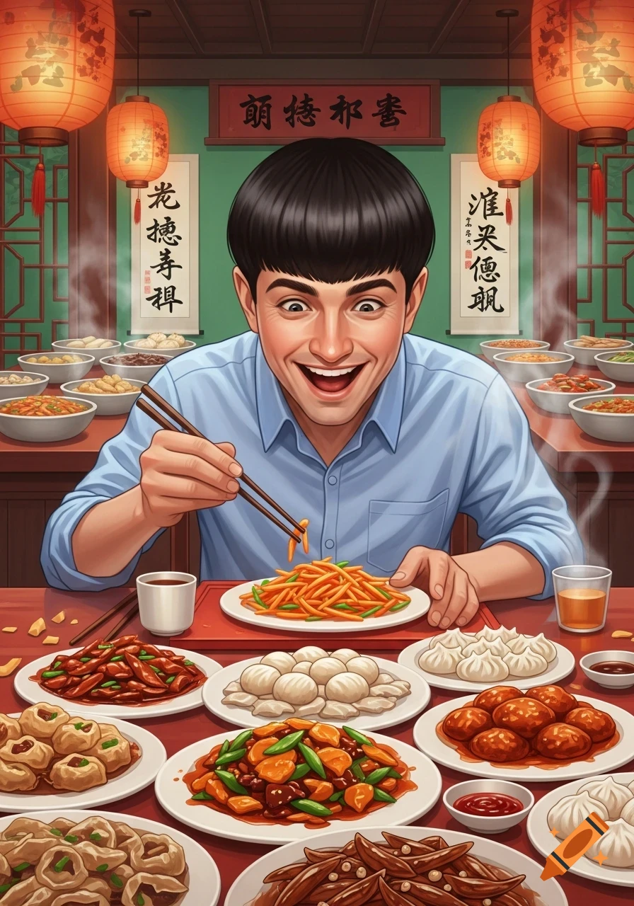 An enthusiastic man with a bowl cut uses chopsticks to eat a large spread of Chinese food at a buffet.