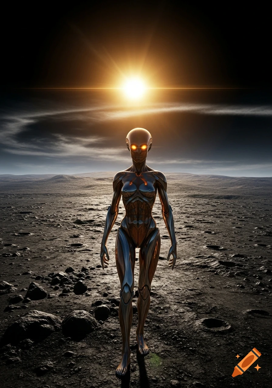 A metallic humanoid alien with glowing orange eyes stands on a desolate, rocky planet under a bright, distant sun in a dramatic, dark sky.