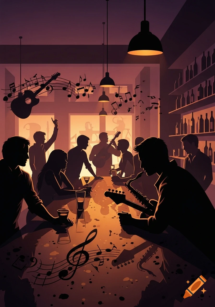 A silhouette illustration of a lively jazz bar scene with musicians playing guitar and saxophone, and patrons enjoying drinks amid floating musical notes.