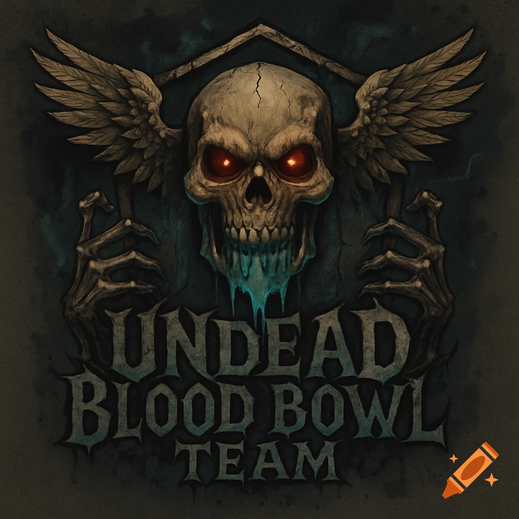 Dark fantasy illustration of a winged skull with glowing red eyes and skeletal hands, above 'UNDEAD BLOOD BOWL TEAM' text.