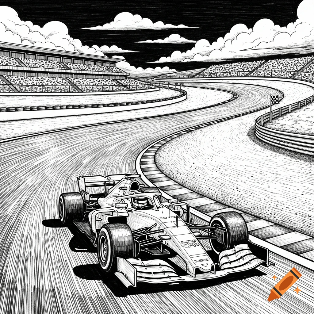 A black and white ink drawing shows a Formula 1 race car speeding down a track past grandstands and clouds.
