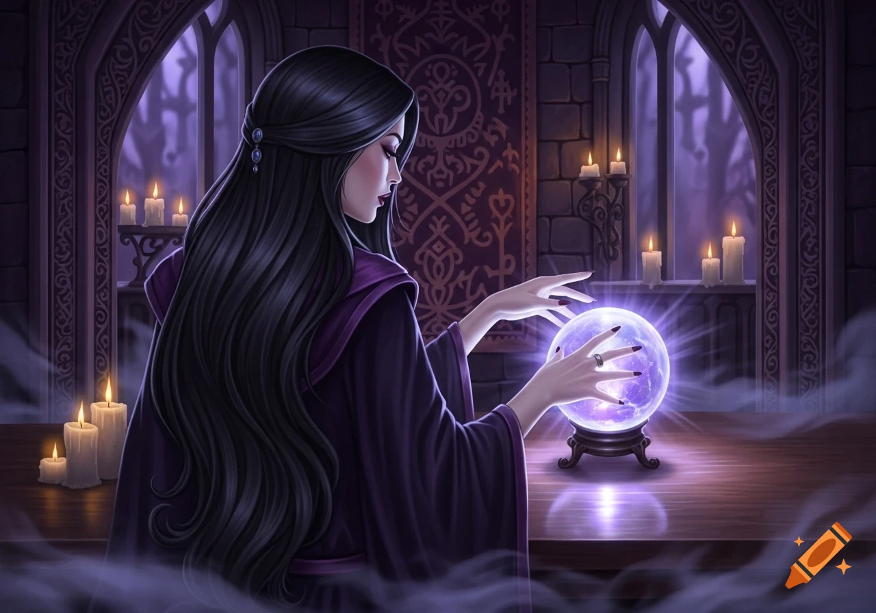 A witch with long black hair and a purple cloak looks into a glowing crystal ball, surrounded by candles in a fantasy setting.