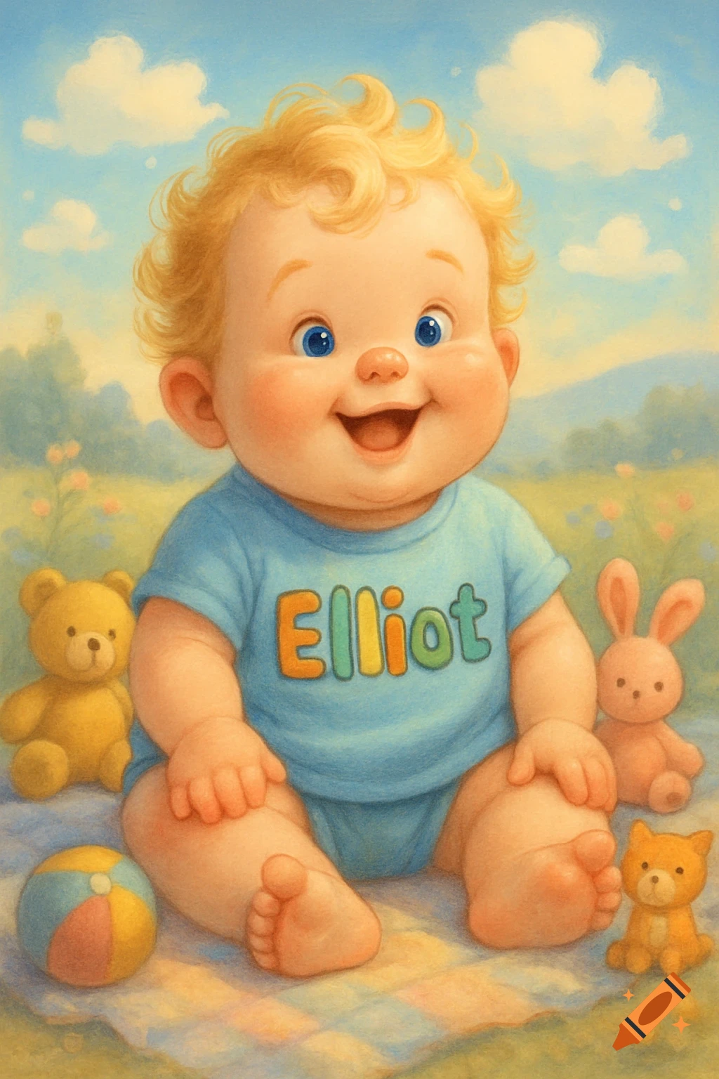 Illustration of a smiling chubby baby with blonde curls in a blue 'Elliot' shirt, sitting on a blanket with toys outdoors.