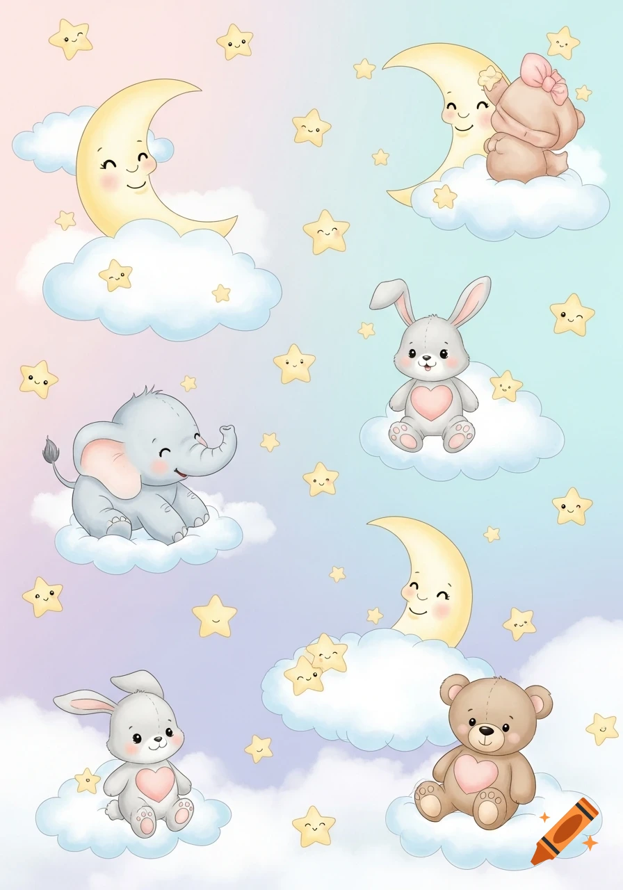Cute cartoon baby animals (elephant, bunnies, teddy bears) and smiling crescent moons float on fluffy clouds with stars in a pastel sky.