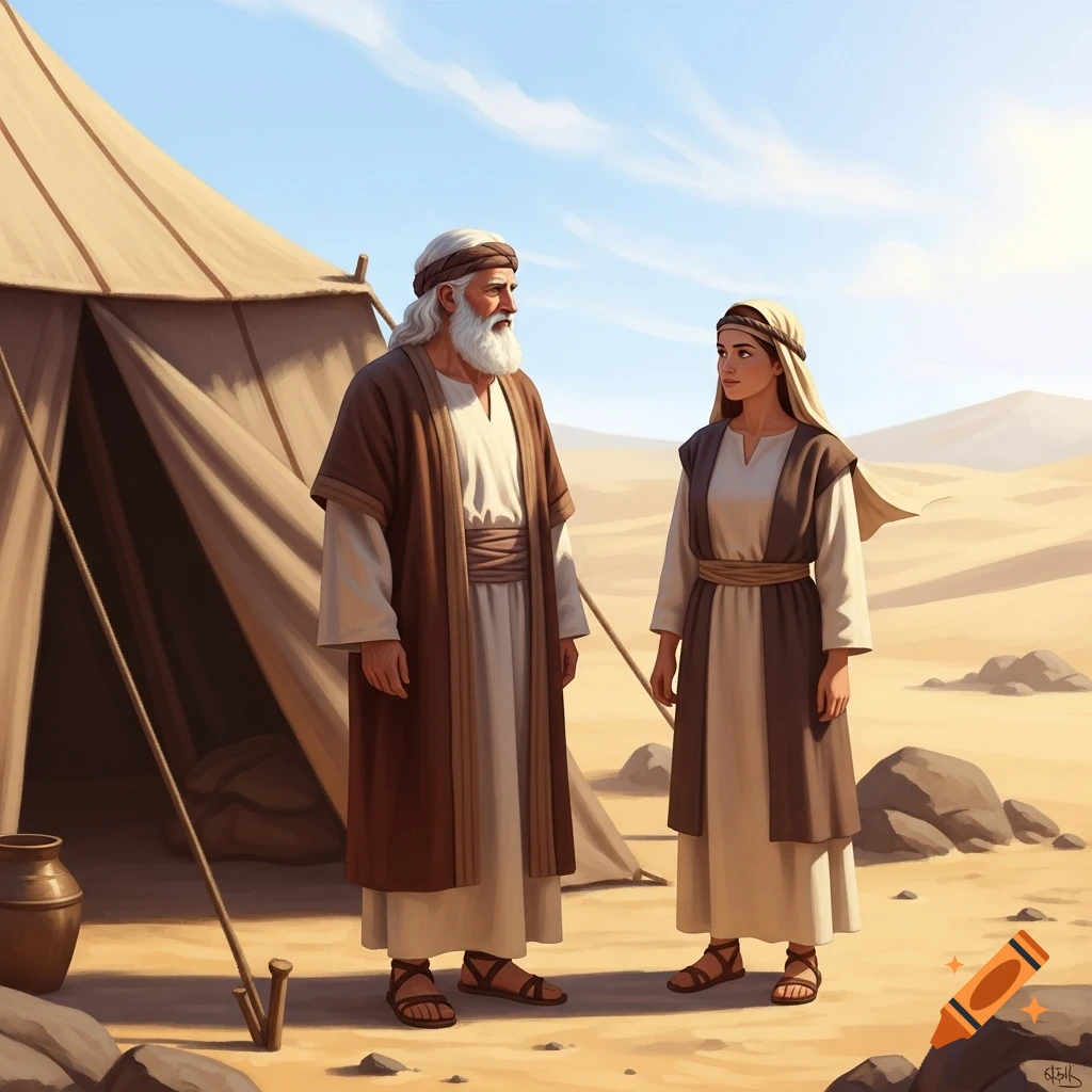 Realistic digital painting of an elderly man with a beard and a younger woman with a head covering, standing near a tent in a desert.