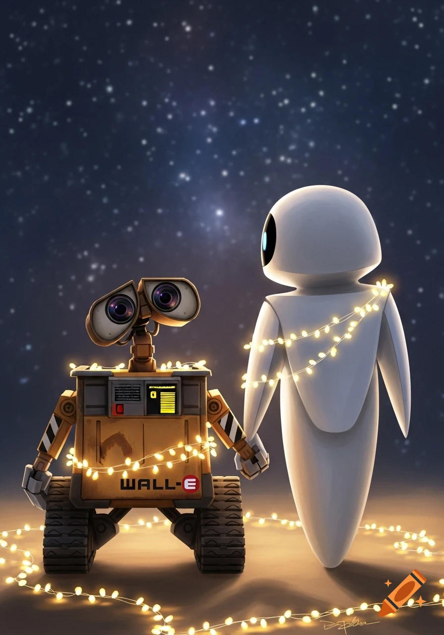 Wall-E and Eve, from the Disney movie, hold hands wrapped in glowing string lights against a starry night sky. Animation style.