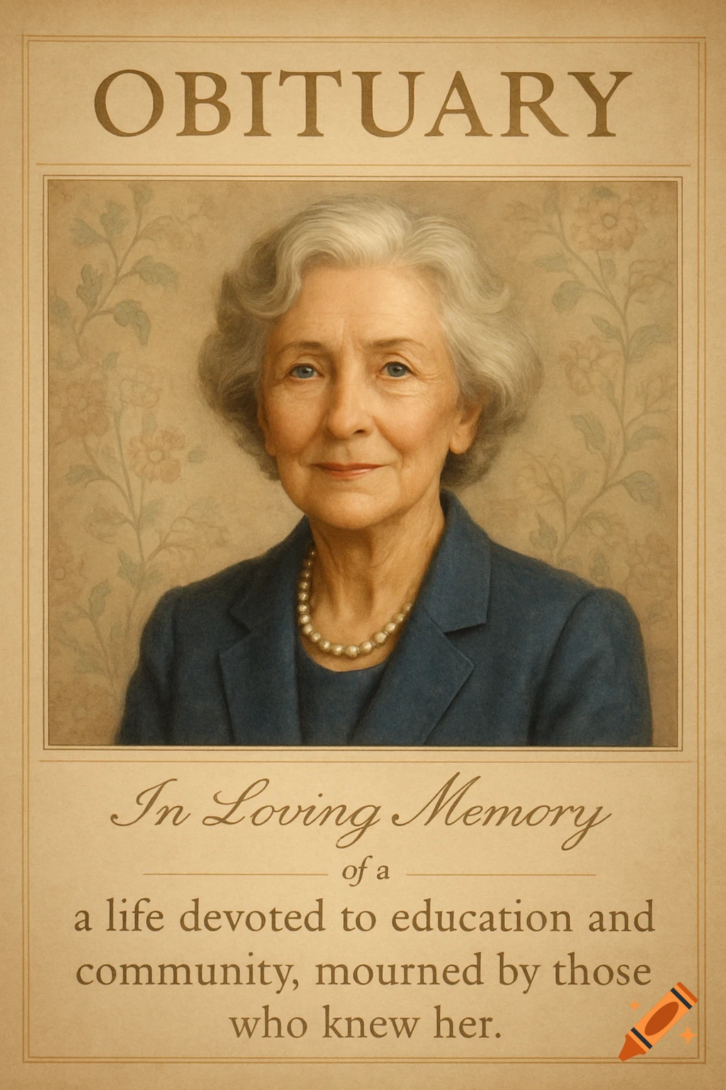 A vintage-style obituary featuring a portrait of an elderly woman with white hair and a pearl necklace, smiling gently.