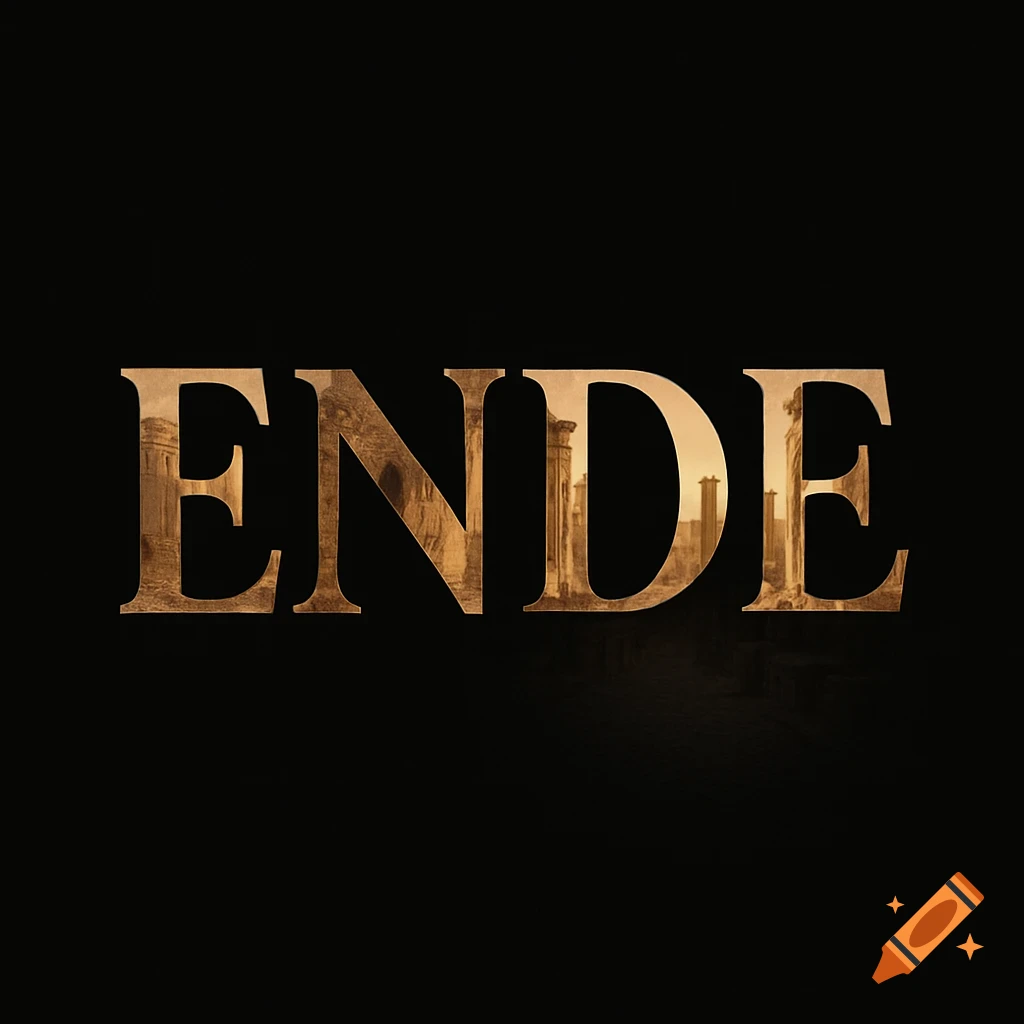 The word ENDE in golden, ornate letters filled with images of ancient Roman ruins against a black background.