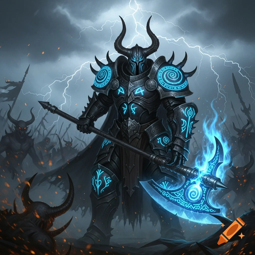 A dark armored fantasy warrior with glowing blue runes and horns holds a glowing blue war pickaxe in a stormy battlefield with horned demons.