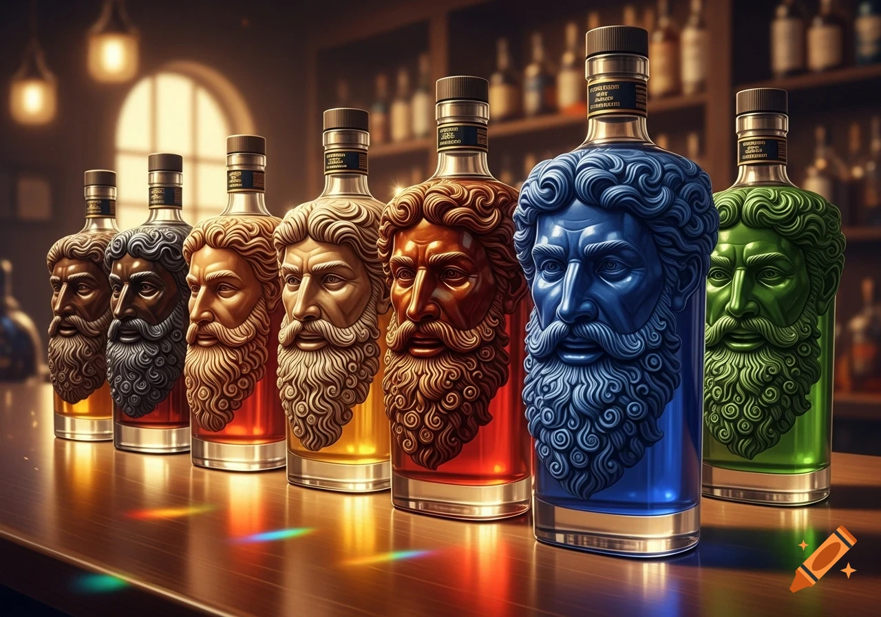 Row of liquor bottles with sculpted male faces and beards, in various colors, on a bar counter with reflections.