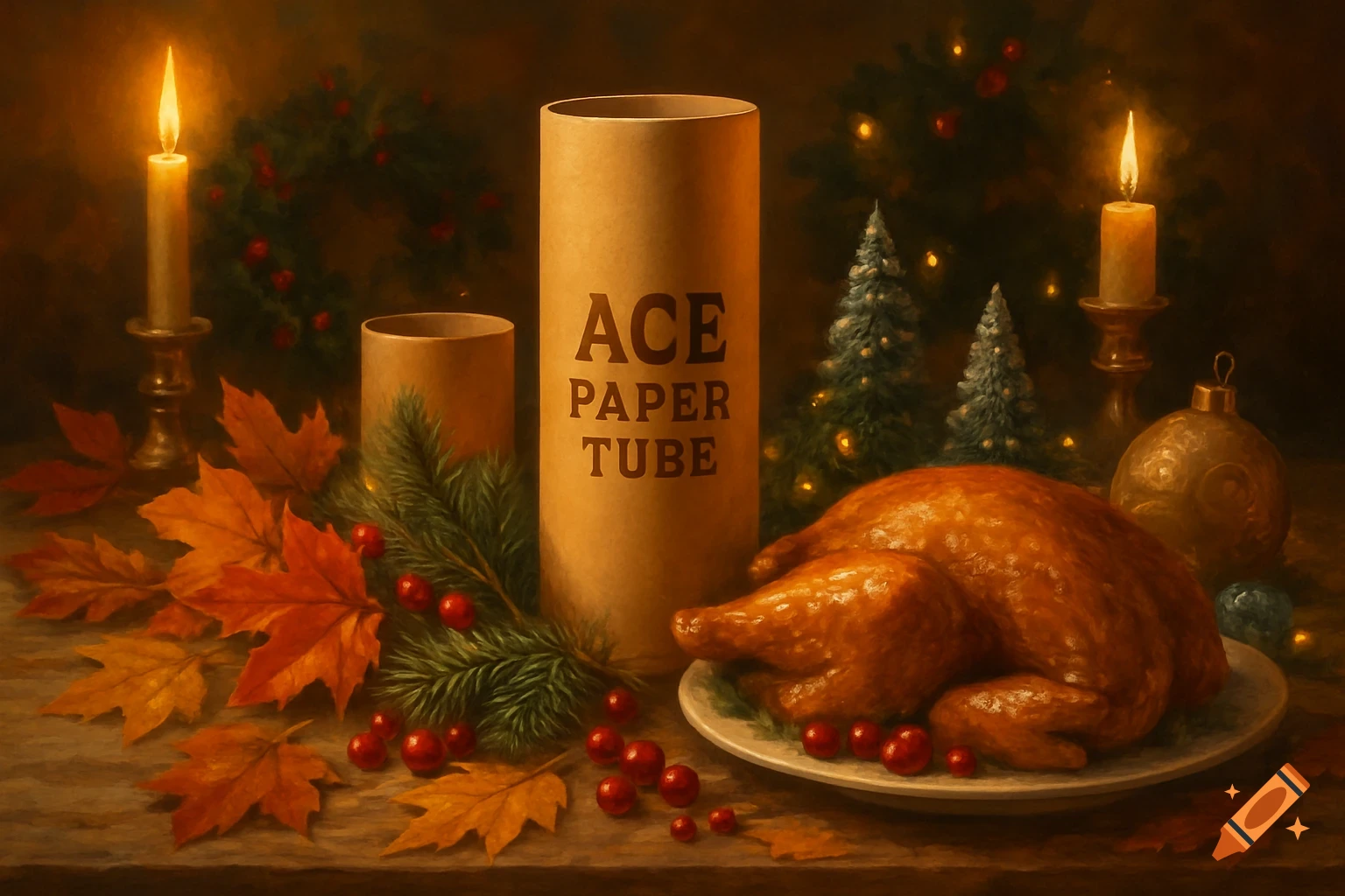 Painterly still life of a roasted turkey, autumn leaves, cranberries, and lit candles with Christmas decorations and an 'ACE PAPER TUBE'.