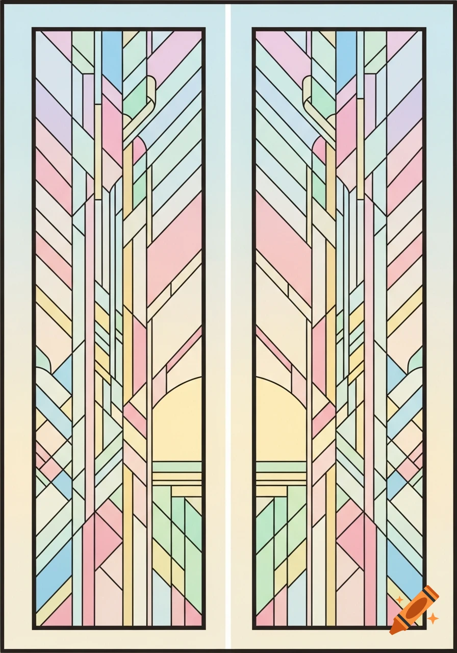 Two panel Art Deco stained glass window with pastel colors forming an abstract sunrise pattern.