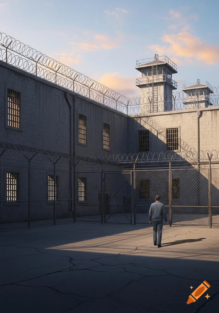 A lone man walks in a sunlit prison yard surrounded by high walls, barbed wire, and guard towers under a sunset sky.