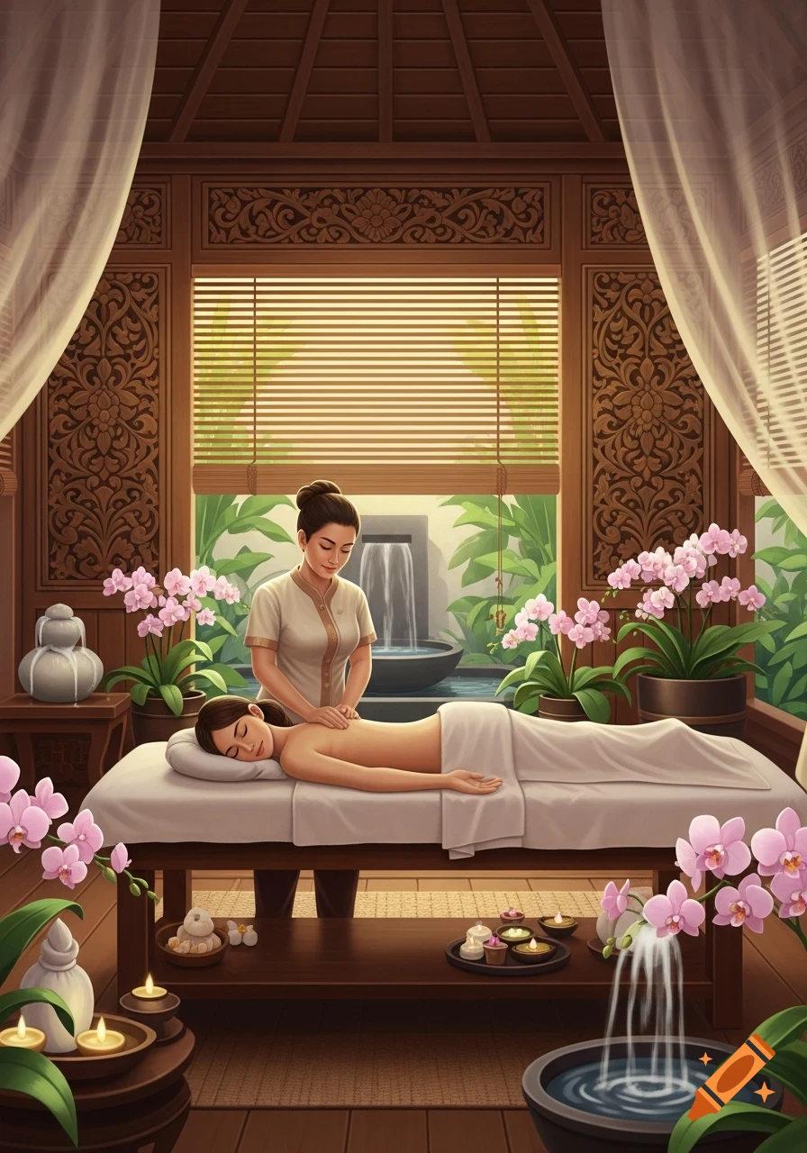 A woman receives a back massage in a serene Thai spa room with orchids, candles, and water features.