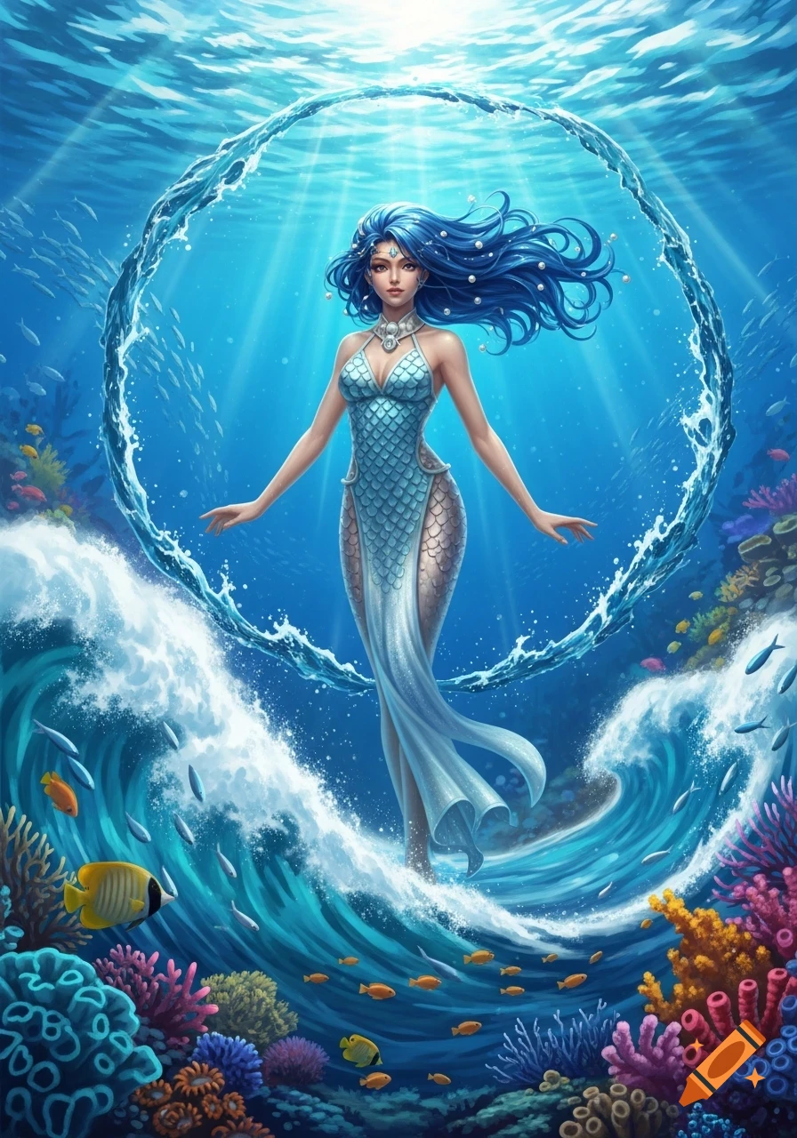 A fantasy illustration of a blue-haired mermaid standing on a wave under a water ring, surrounded by colorful coral and fish in a bright underwater scene.