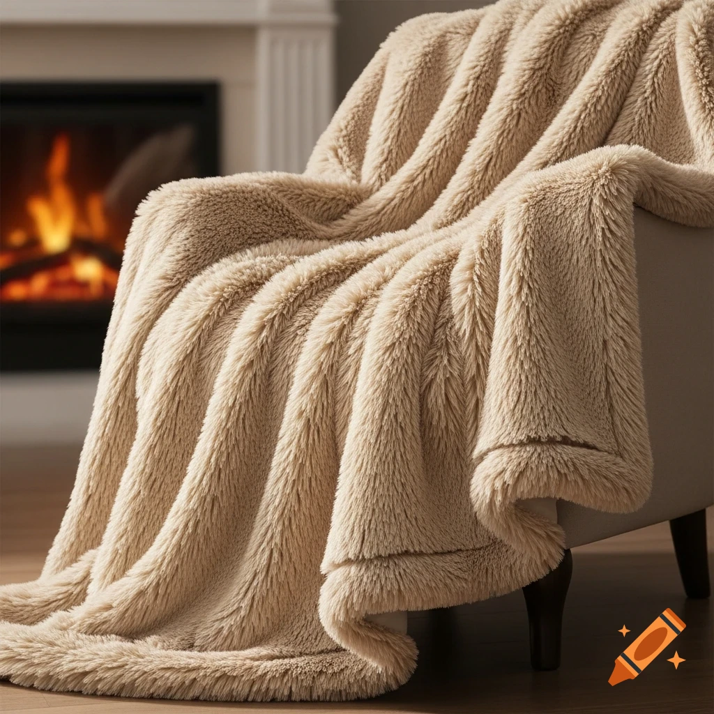 Photorealistic image of a fluffy beige faux fur blanket draped over a chair in front of a warm, flickering fireplace.