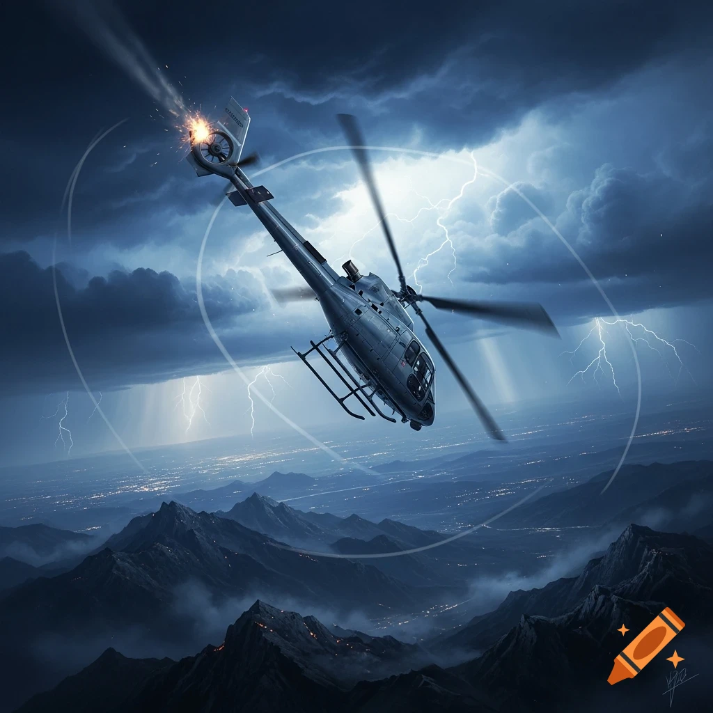 A photorealistic image of a grey helicopter with a sparking tail rotor, falling through a dark, stormy sky with lightning over rugged mountains and distant city lights.