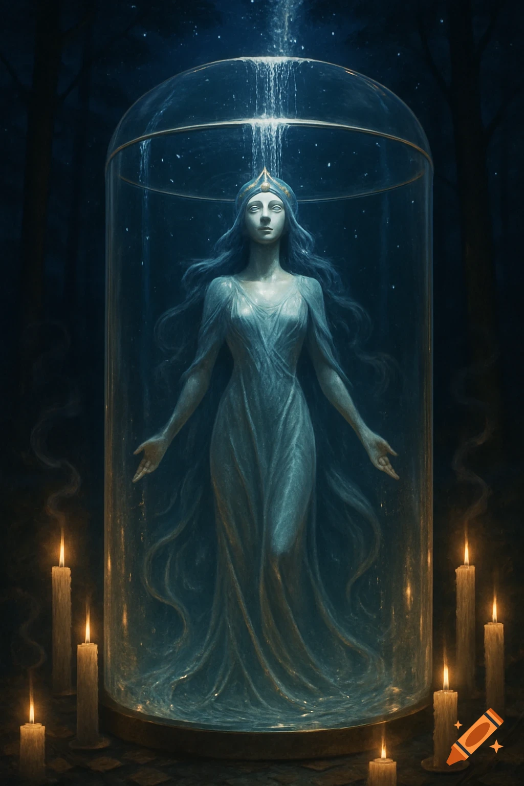 Ethereal goddess with blue hair and a flowing dress stands in a glass cylinder under falling water, surrounded by lit candles in a dark forest.