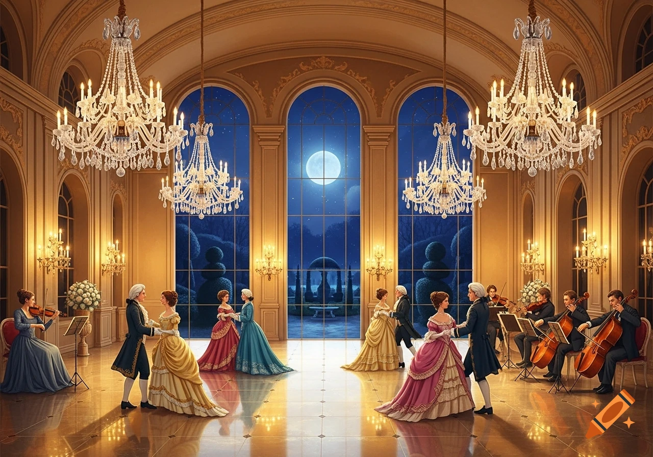Elegant ballroom scene at night with couples dancing and musicians playing under sparkling chandeliers and a full moon visible through tall windows.