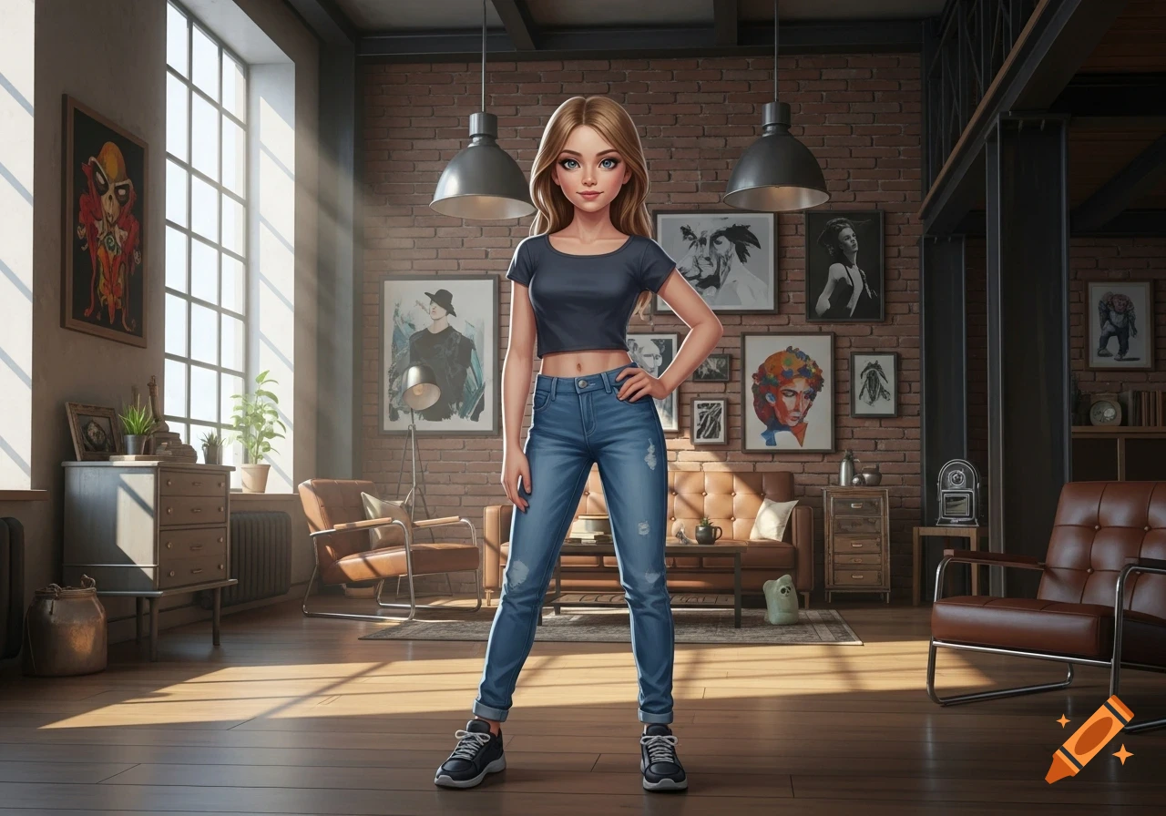 A stylized young woman in a dark crop top and ripped jeans stands in a bright loft-style room with brick walls and large windows.