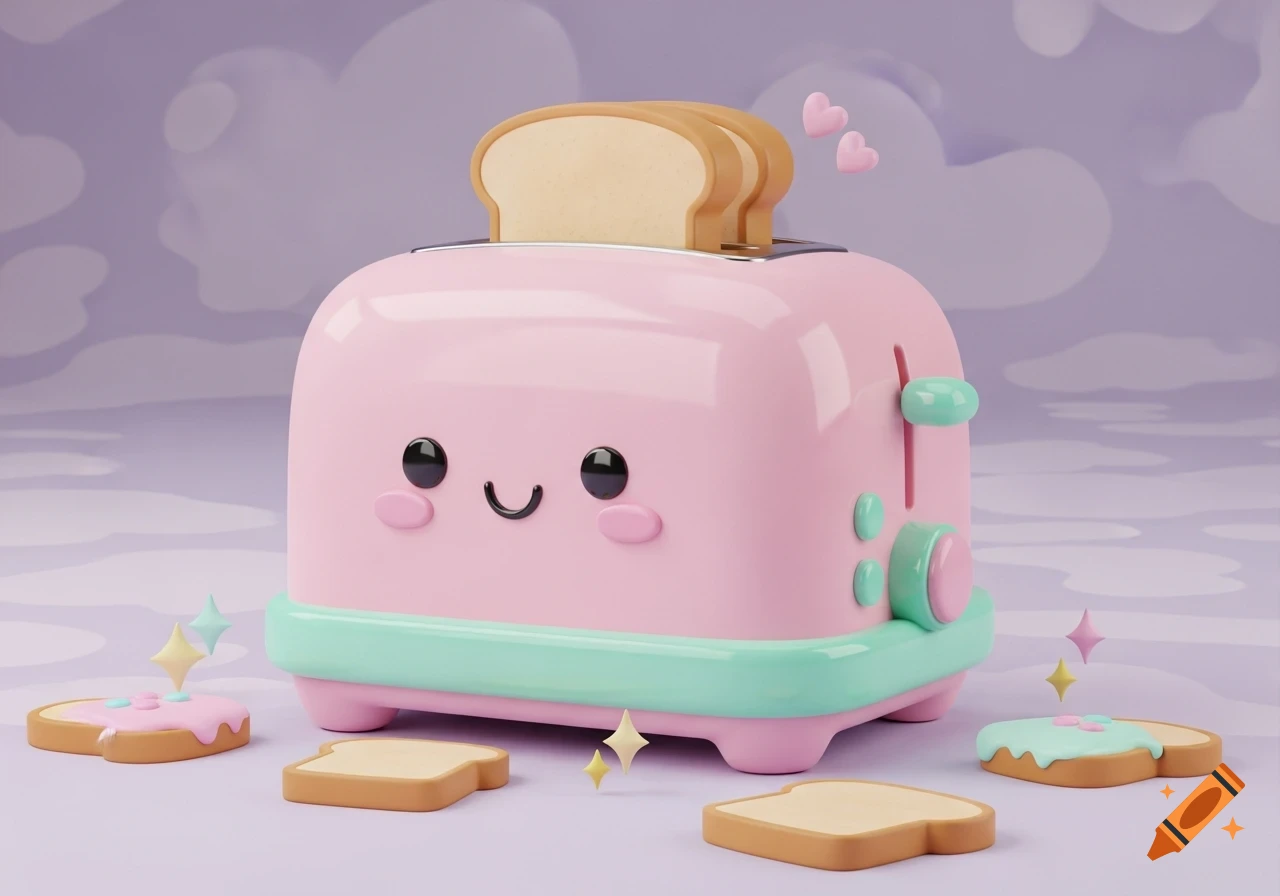 A cute, pink and mint green toaster with a smiling face holds toast, surrounded by more toast slices and sparkling elements in a pastel 3D style.