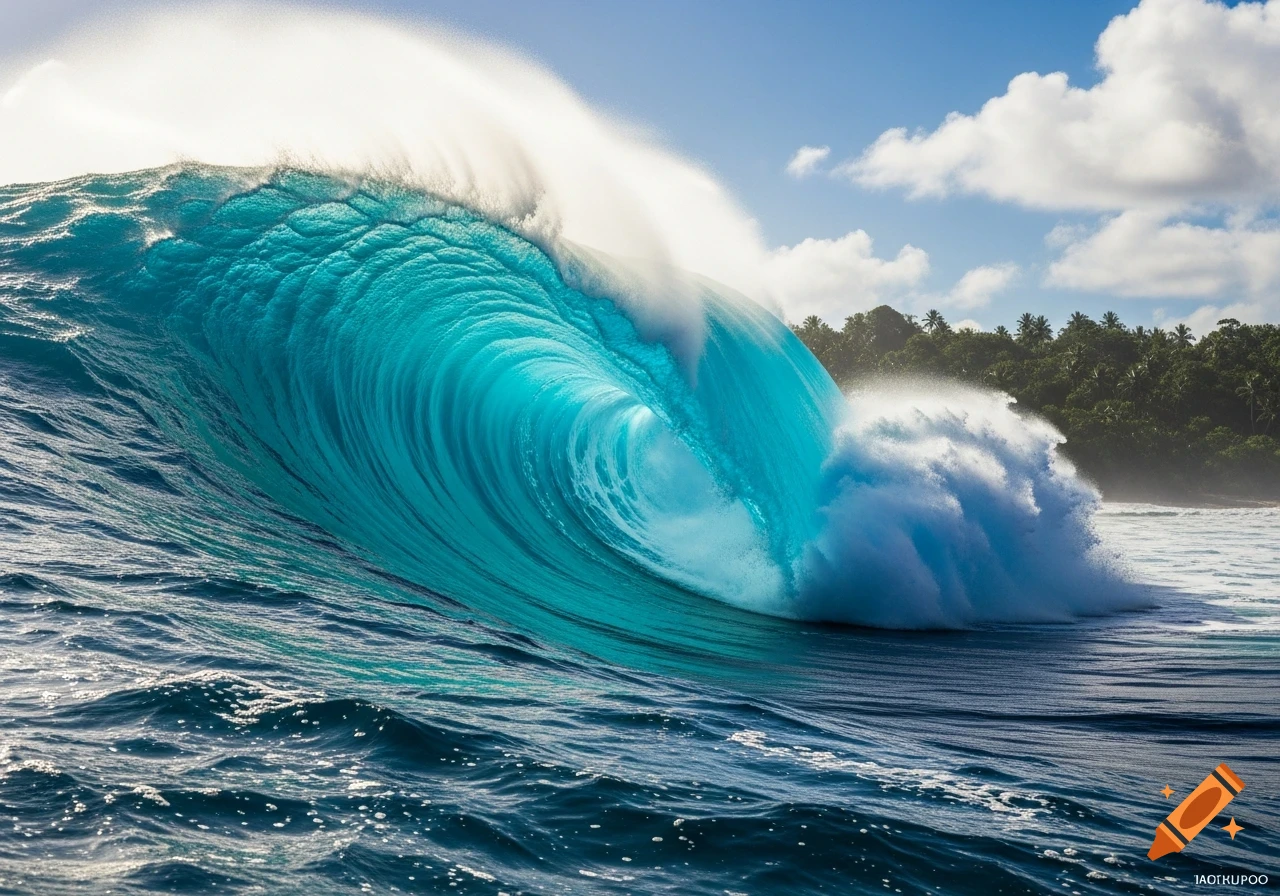 A massive, clear turquoise barrel wave breaks powerfully with white spray near a lush tropical island under a bright blue sky.