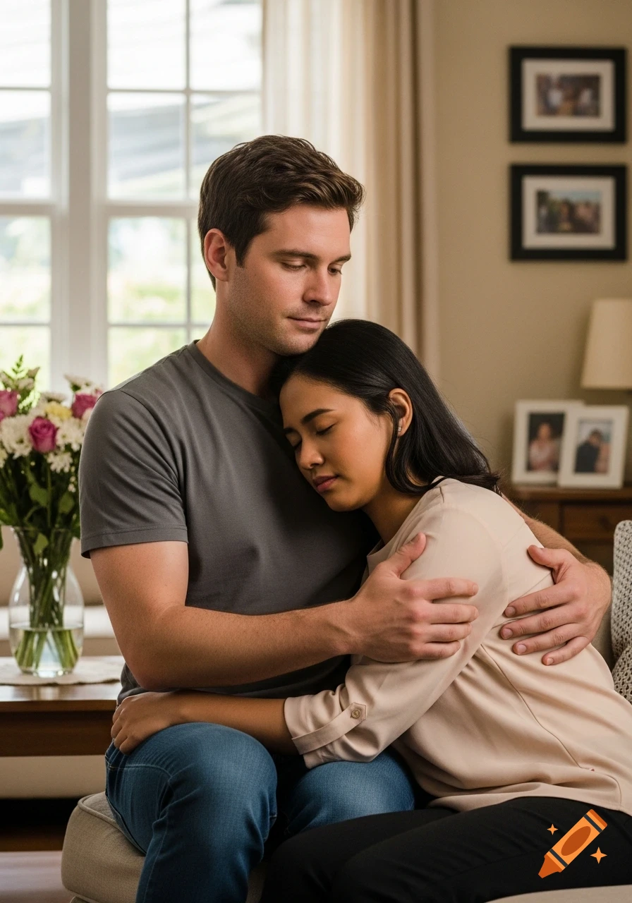 A photorealistic image of a white man comforting a Filipina woman, who rests her head on his shoulder, in a cozy living room.