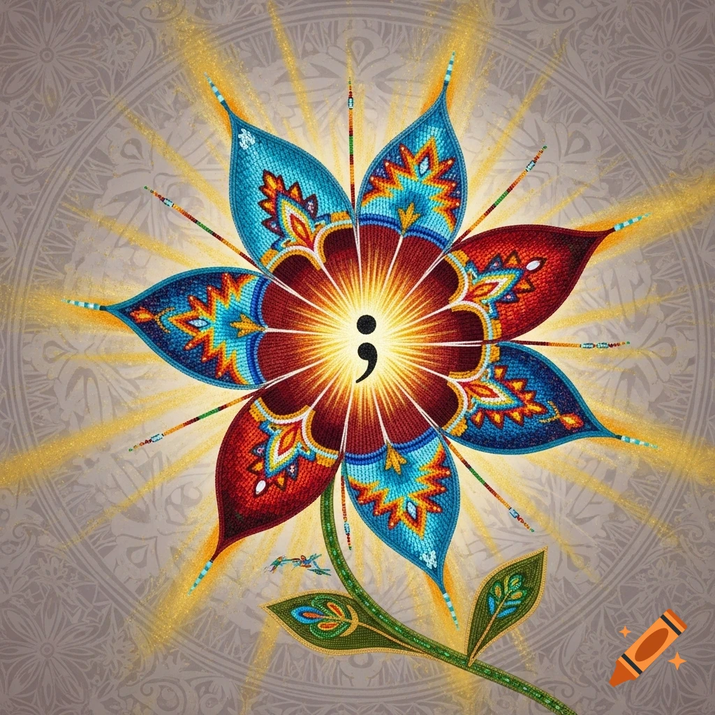 A vibrant, stylized flower in Ojibwe beadwork style, with a glowing semicolon at its center, against a patterned background.