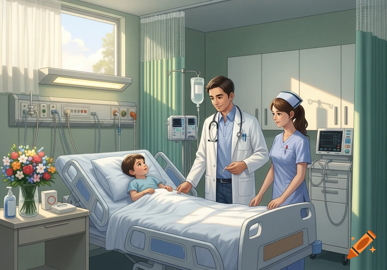 A doctor and nurse smile at a child in a hospital bed in a brightly lit room, illustration.