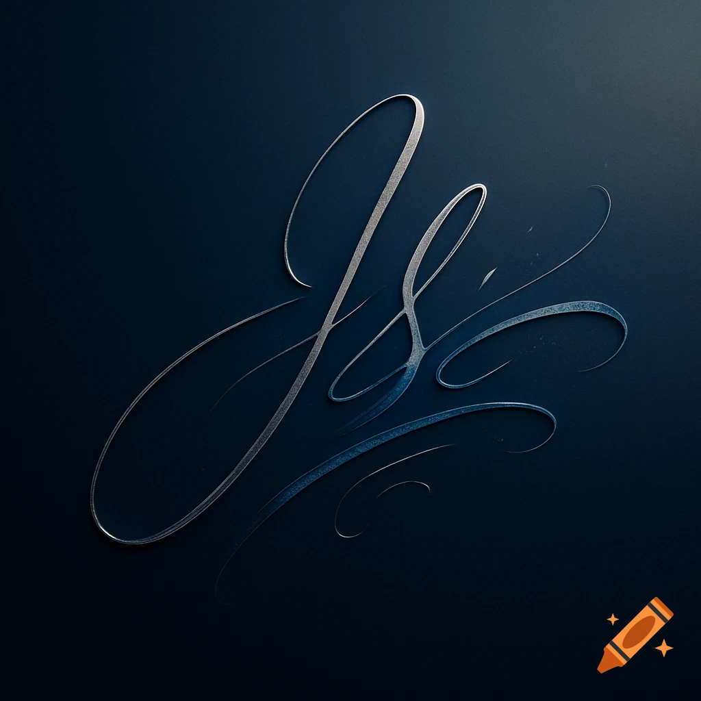 Elegant silver and blue calligraphic lines forming an abstract signature on a dark blue background.
