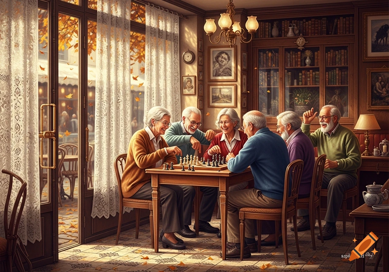 Elderly people gather in a cozy, sunlit cafe during autumn, laughing and playing chess at a wooden table.
