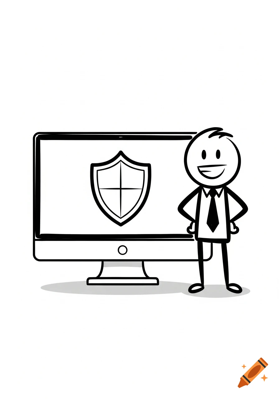 A smiling stick-figure employee stands next to a computer screen with a shield symbol, in a simple sketch style.