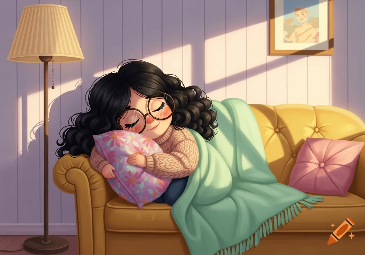Cartoon girl with black curly hair and glasses asleep on a yellow couch, hugging a pink floral pillow under a green blanket.