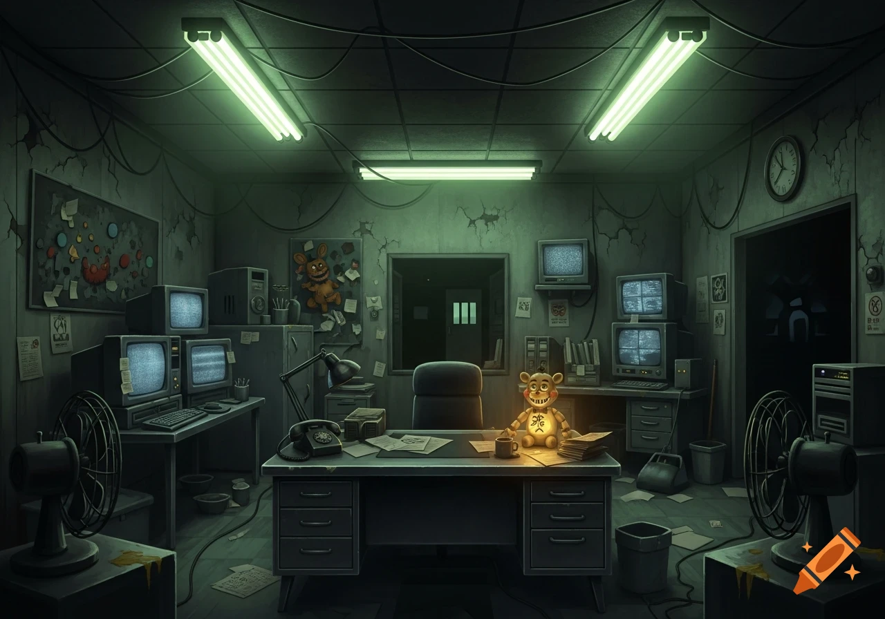 A dimly lit, cluttered, and dilapidated office resembling a scene from Five Nights at Freddy's, with glowing green fluorescent lights, multiple static-filled CRT monitors, old fans, and a glowing Freddy-like plush toy on a desk.
