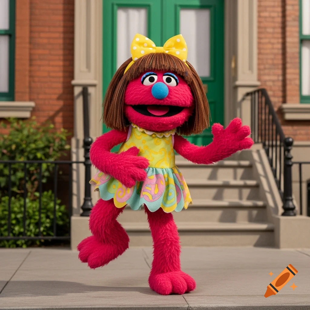 A bright pink furry Muppet monster with brown hair, blue nose, and yellow polka-dot bow, wearing a yellow and pastel dress, dances on a sidewalk in front of green doors and brownstone steps.