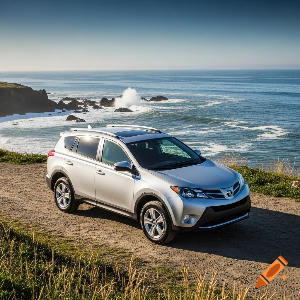 A silver 2014 Toyota RAV4 SUV parked on a dirt path overlooking a rugged ocean coastline under a clear sky.