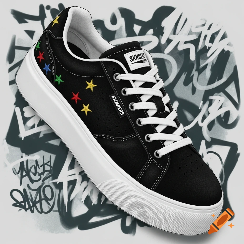 A black suede platform sneaker with colorful embroidered stars and white laces, set against a graffiti-style background.