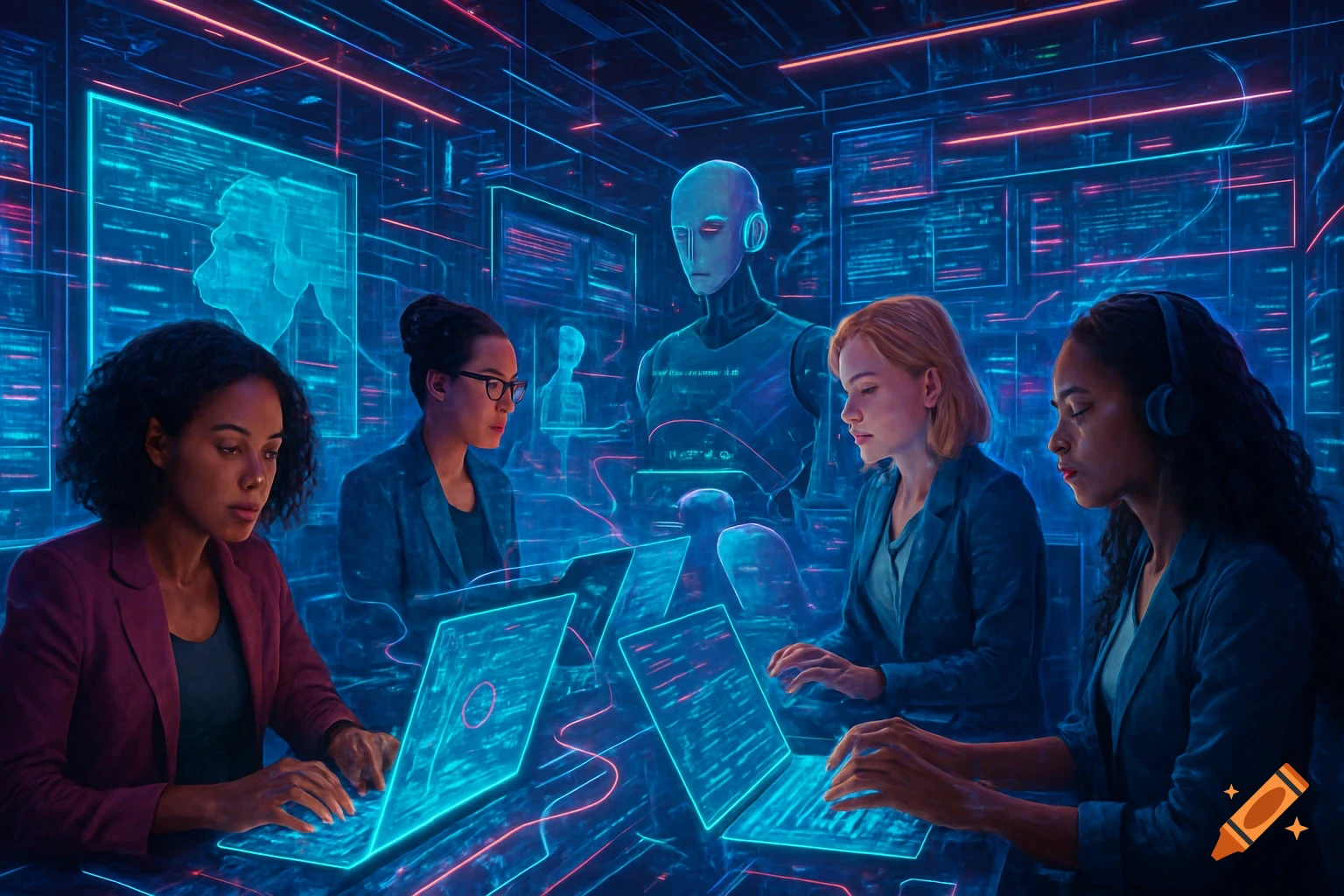 Four diverse women work on glowing laptops in a futuristic digital newsroom with holographic displays, data streams, and a robot, in a sci-fi concept art style.