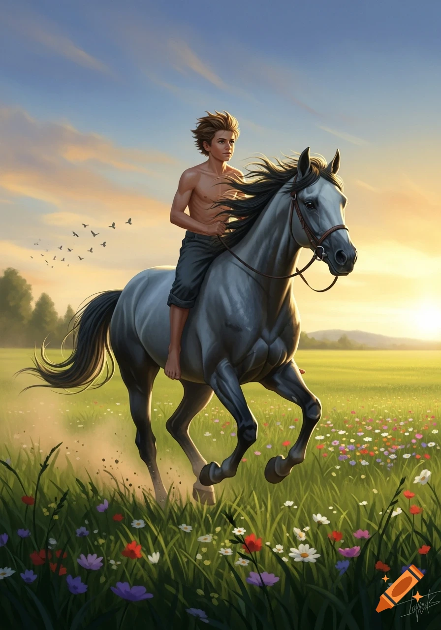 Shirtless boy rides a white horse through a field of wildflowers at sunset in a digital painting.