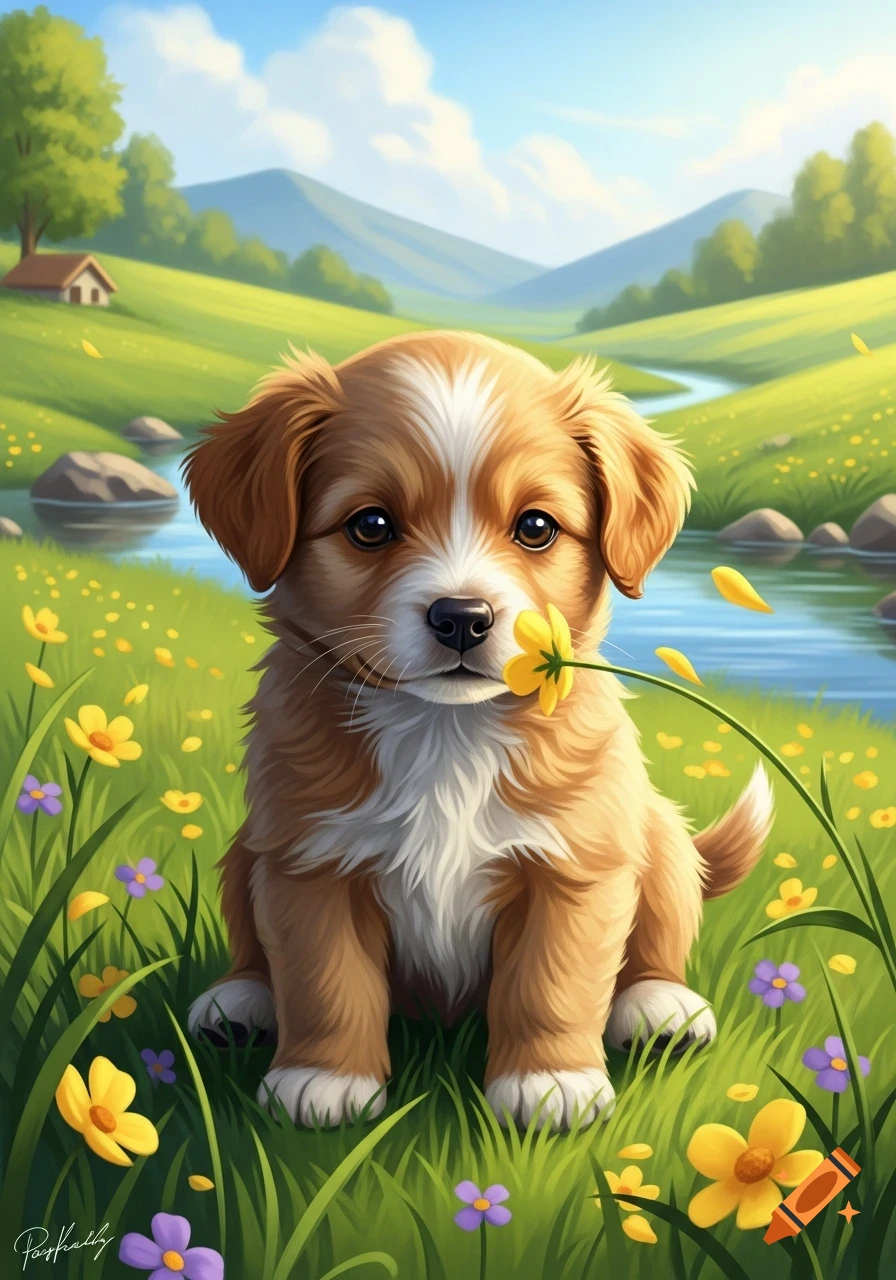 A cute, fluffy brown and white puppy sits in a vibrant green meadow with yellow and purple flowers, holding a yellow flower in its mouth. A river and mountains are in the background. Digital painting.