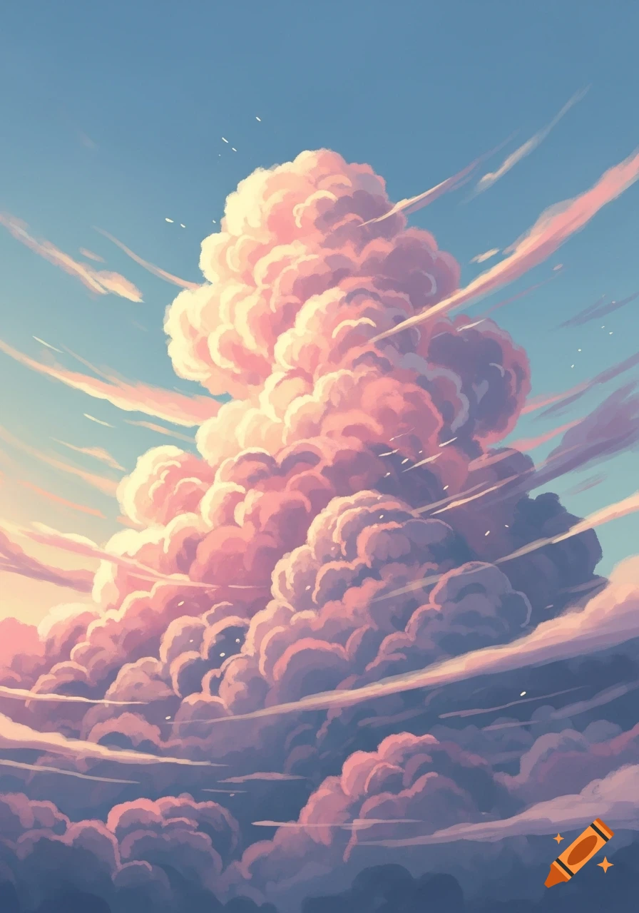 A vibrant anime-style illustration of a towering cumulus cloud, colored in warm pinks and purples against a bright blue sky.