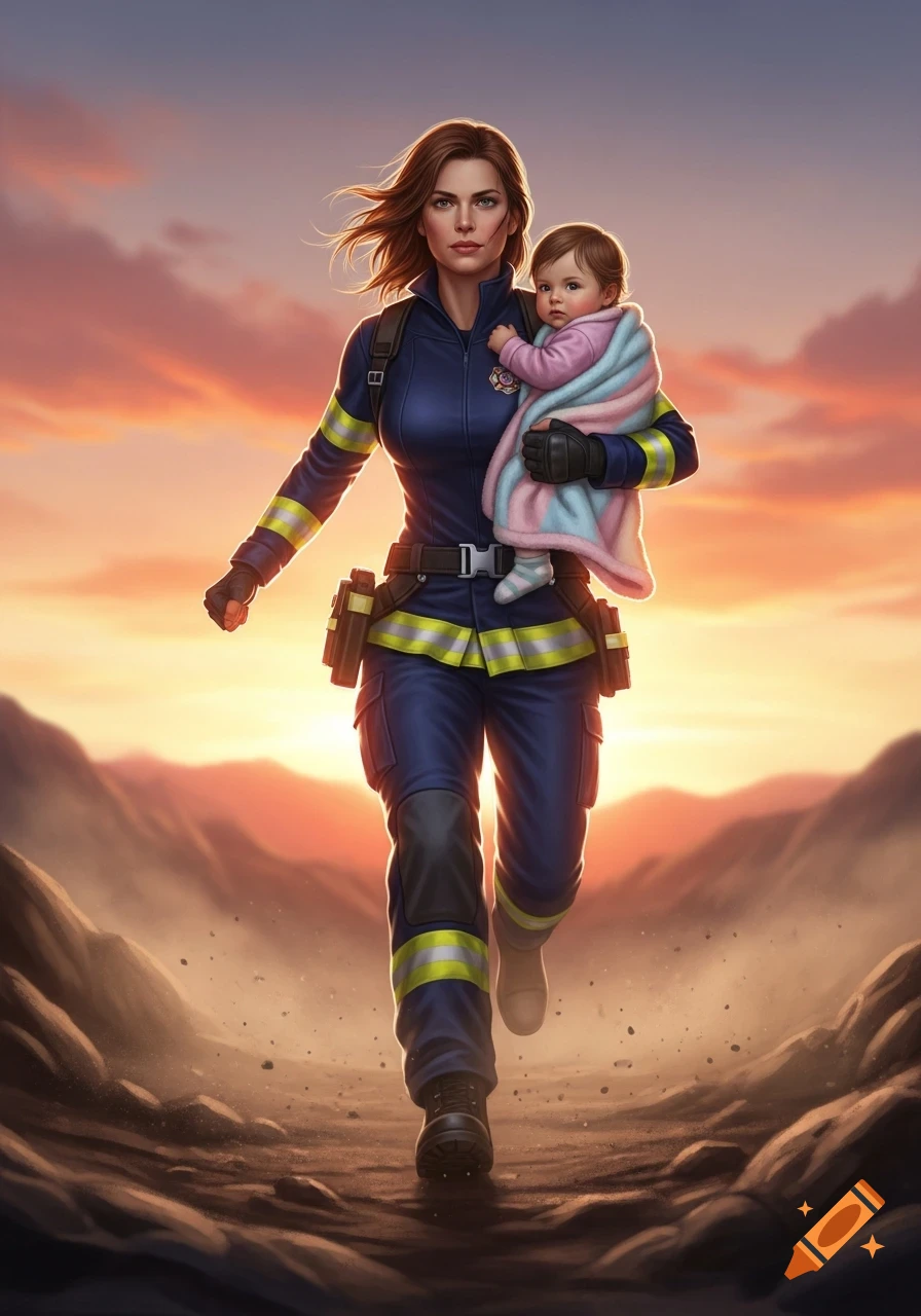 Determined female firefighter in uniform carries a baby through a dusty, rocky landscape at sunset in a digital art style.
