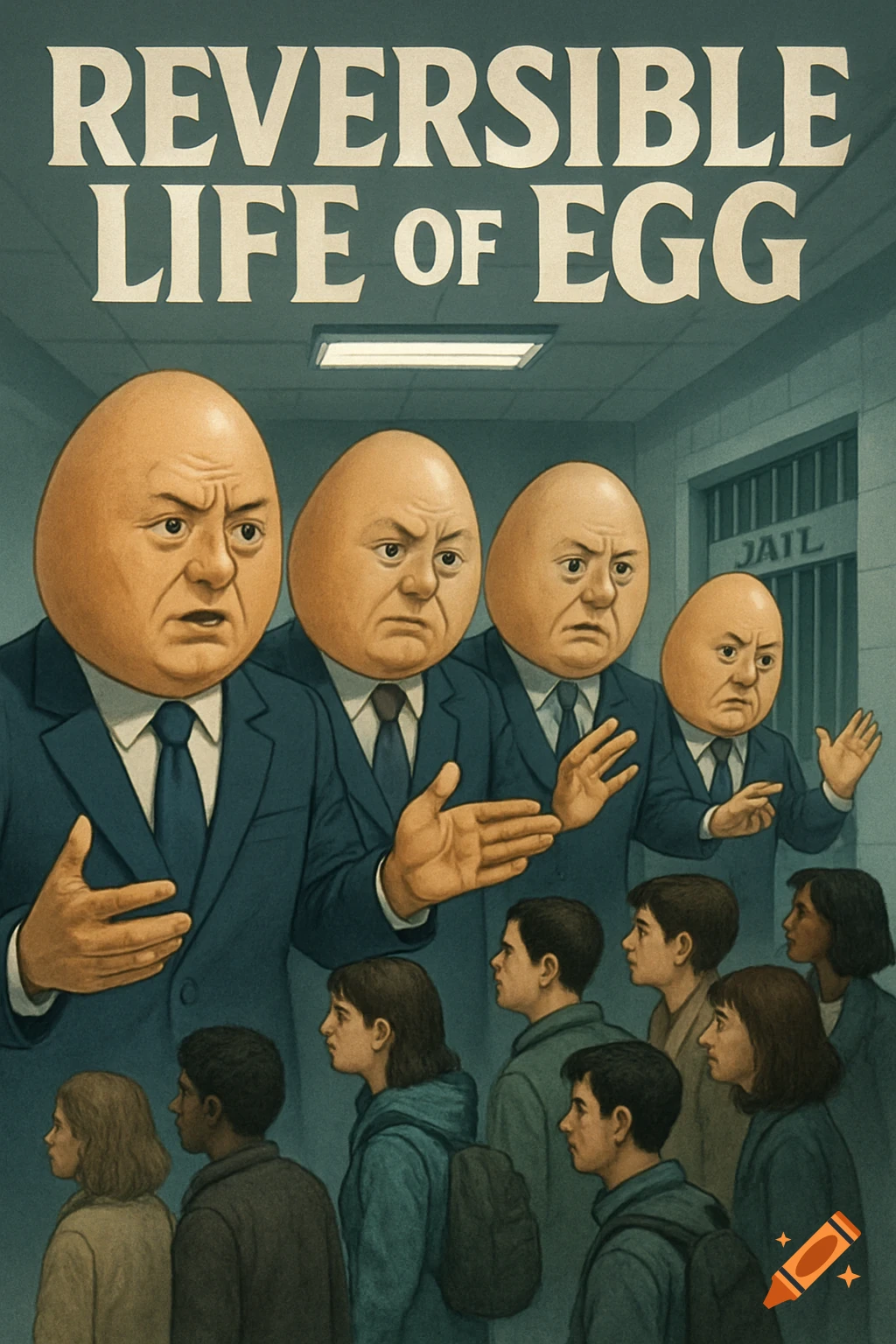 Surreal illustration of men with egg heads in suits leading a group of people past a jail cell, with text 'REVERSIBLE LIFE OF EGG' above.