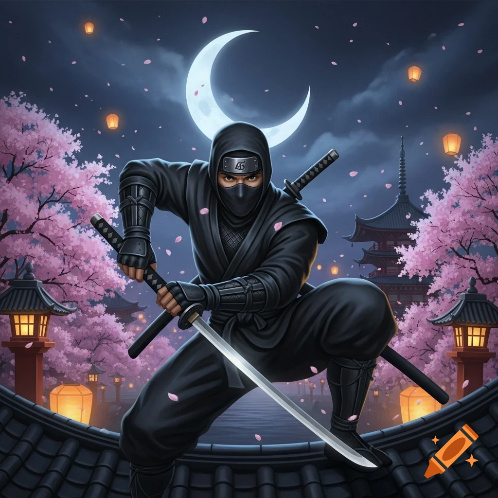 A ninja in a black suit with swords crouches on a tiled roof under a crescent moon, surrounded by pink cherry blossoms and glowing lanterns in a Japanese village at night.