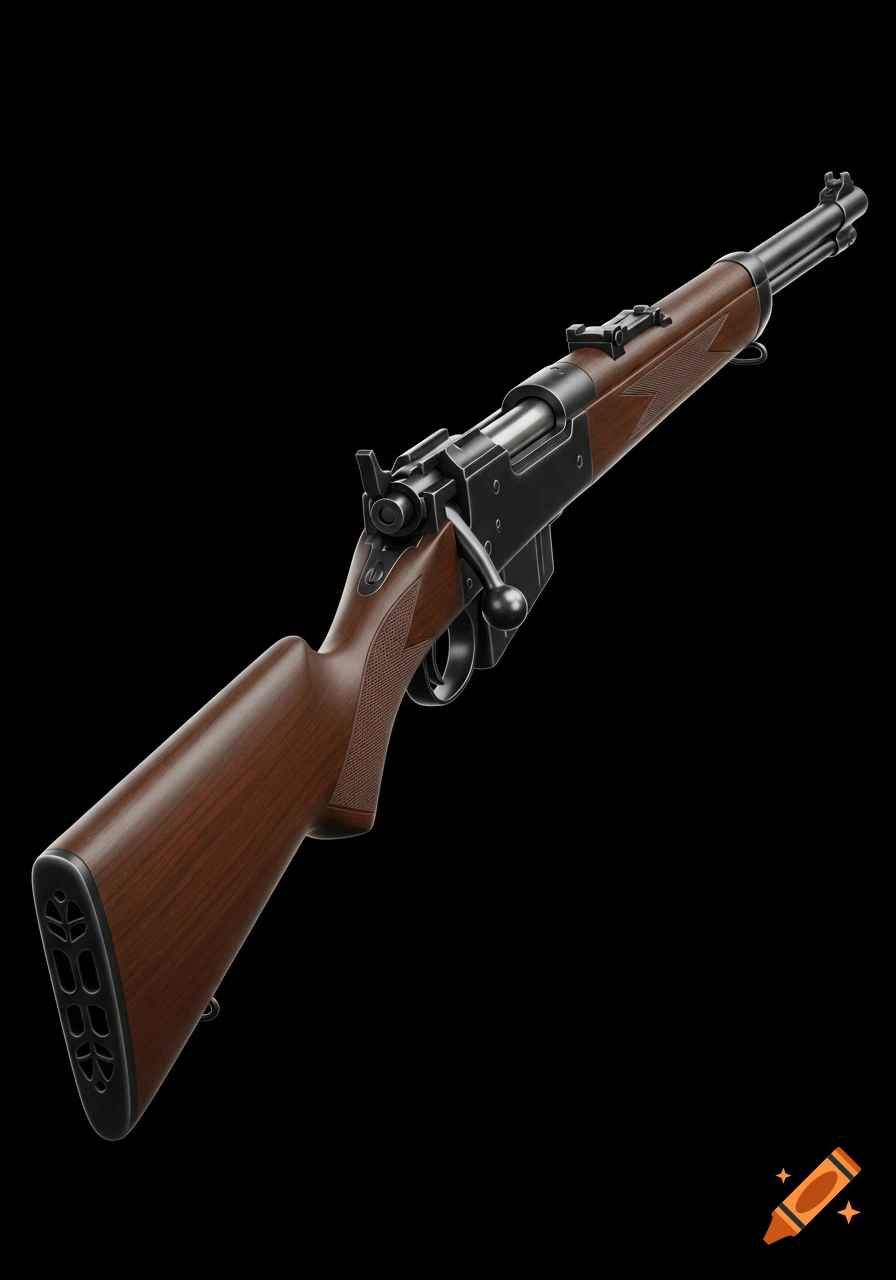 A photorealistic bolt-action rifle with a dark wooden stock and black metal components, set against a solid black background.