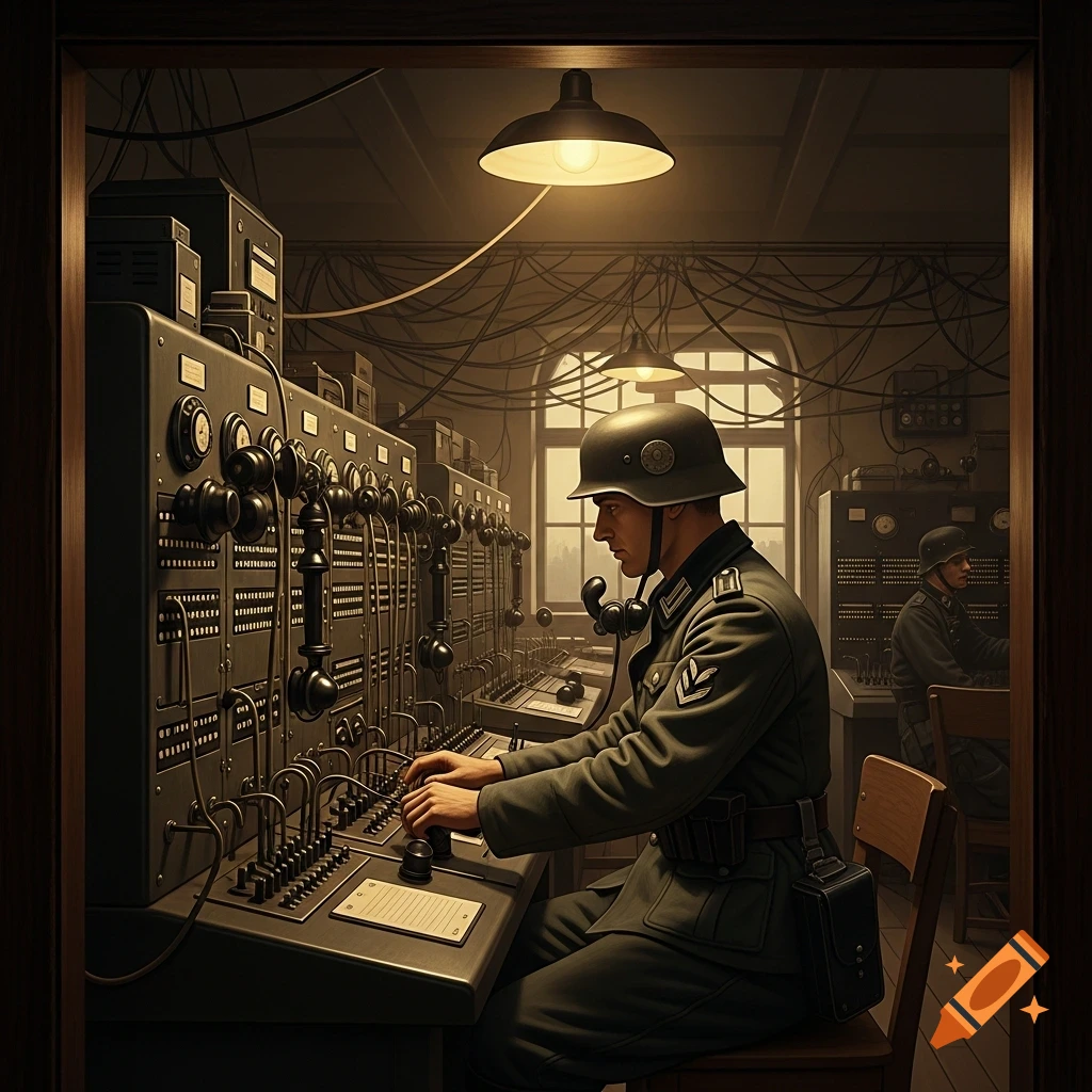 A soldier in a historical German uniform operates a large telephone switchboard in a dimly lit room with many wires. Another soldier is visible in the background.