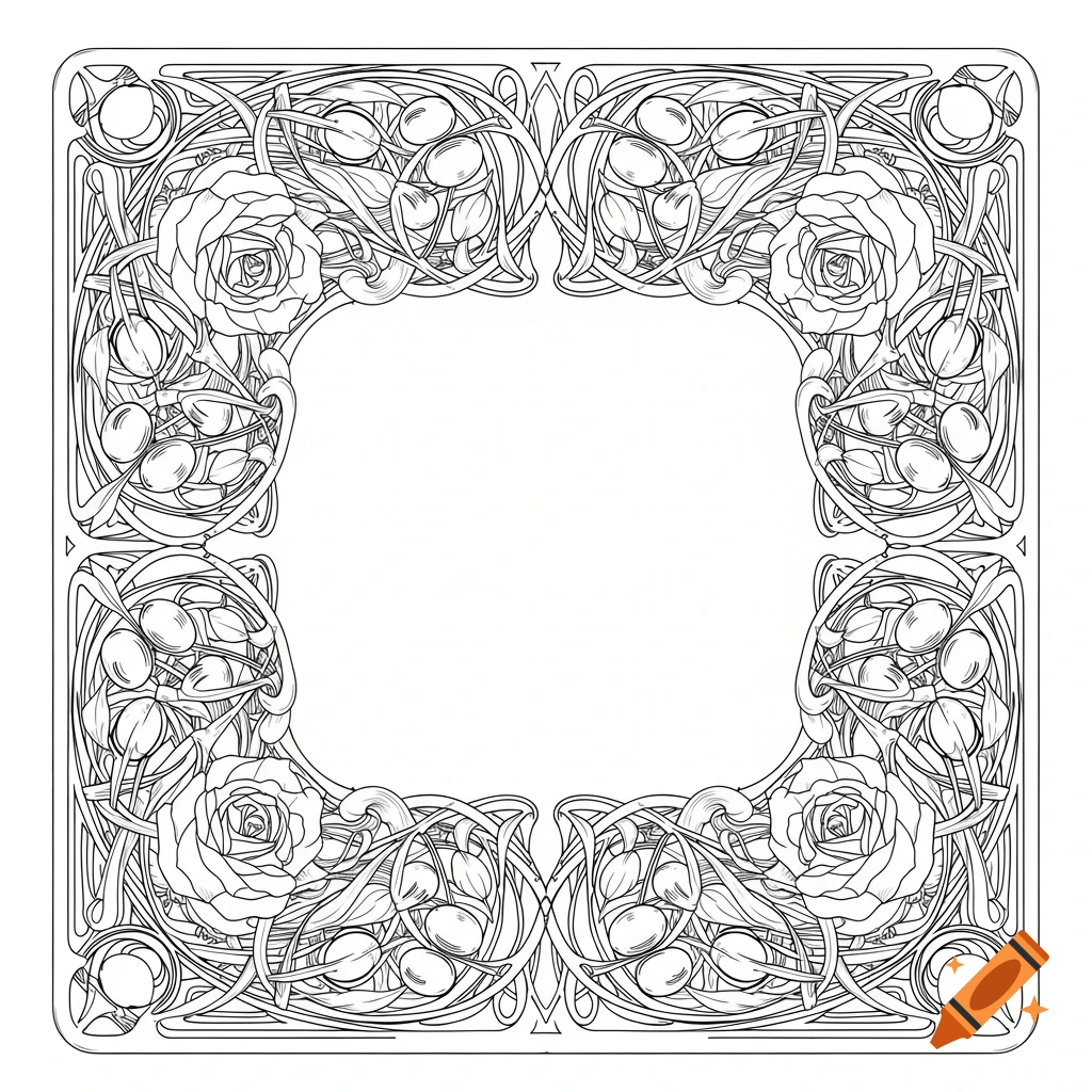 Art Nouveau border with roses and olives in black line art style, framing a blank white center.